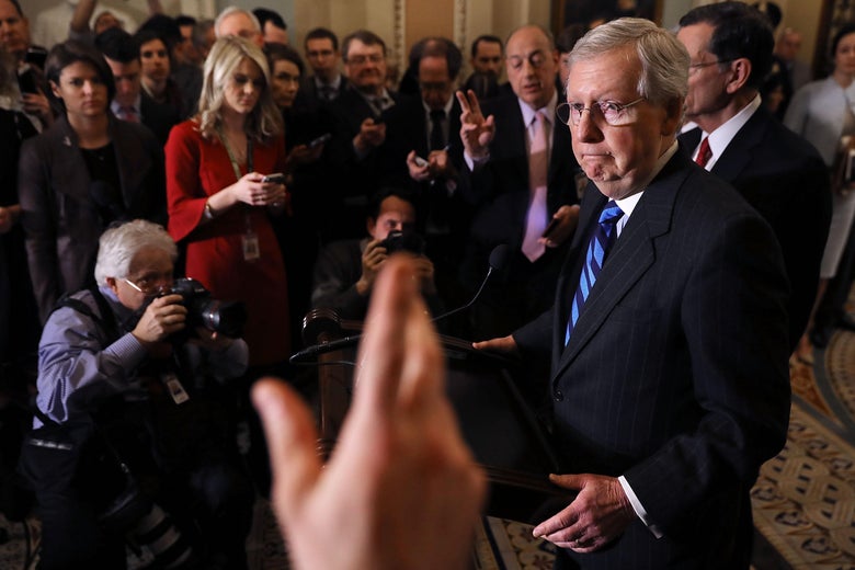 WASHINGTON, DC - FEBRUARY 06: Senate Majority Leader Mitch McConnell (R-KY) talks to reporters following the weekly policy luncheon at the U.S. Capitol February 6, 2018 in Washington, DC. Senate Republicans and Democrats announced they have made progress on reaching an agreement to fund the federal government. (Photo by Chip Somodevilla/Getty Images)